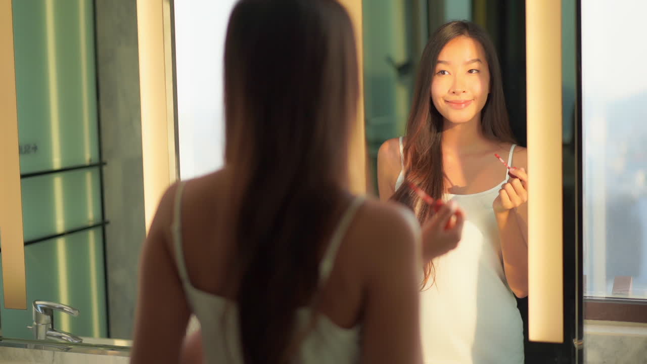 While standing in front of a mirror, a pretty young woman applies red lipstick