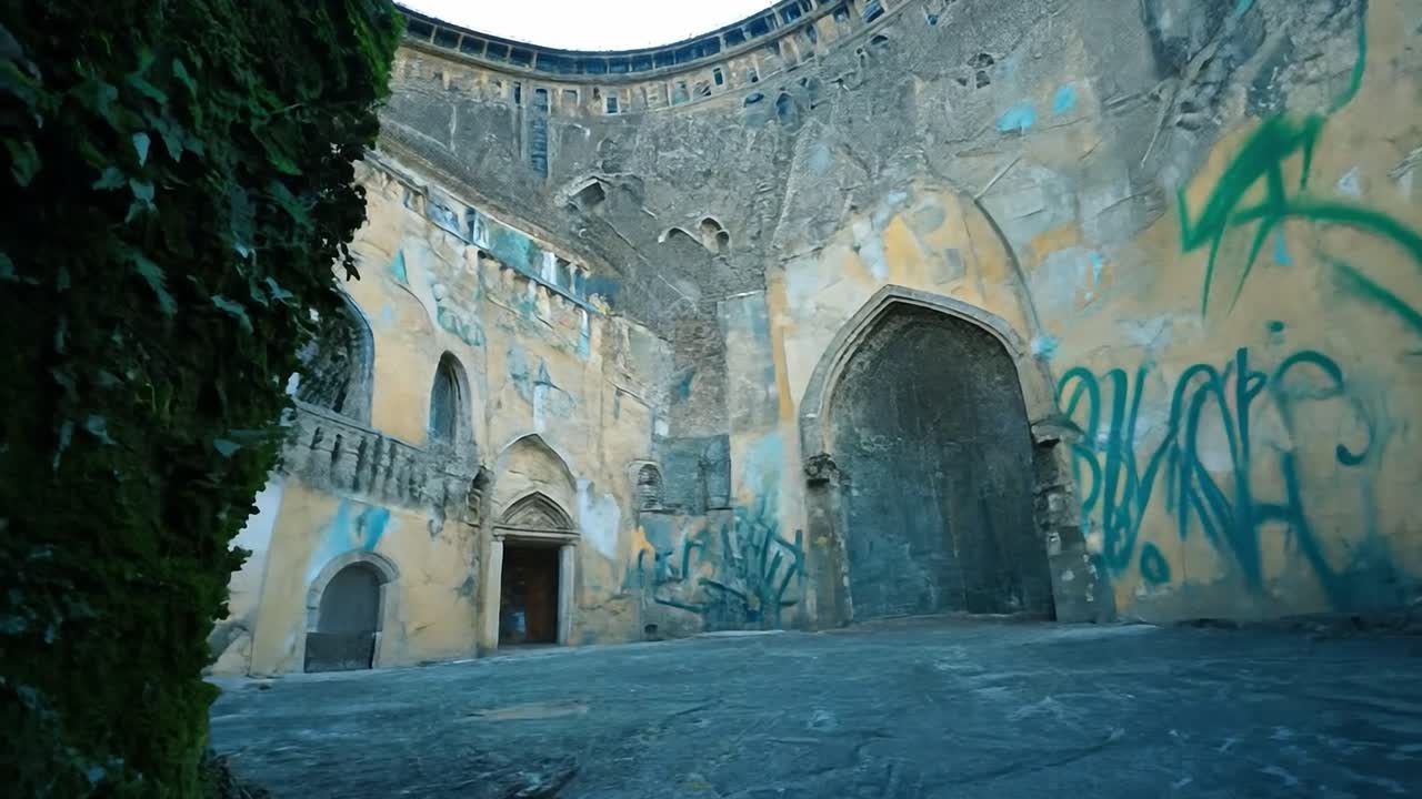 돌 벽과 그래피티가 있는 버려진 건물