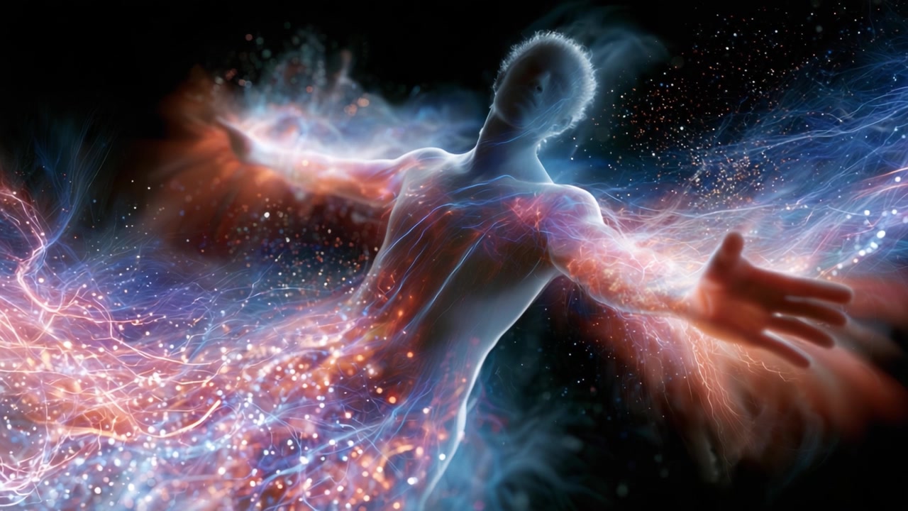 A mesmerizing visual representation of a figure surrounded by swirling energy, embodying the essence of life and cosmic forces in vibrant hues against a dark backdrop.
