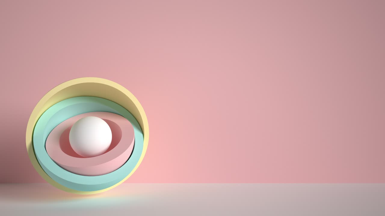 diseño de movimiento minimalista en 3d, bola escondida dentro de hemisferios coloridos, capas que se abren, objetos geométricos simples, formas primitivas aisladas en fondo azul, imagen en vivo, póster animado moderno