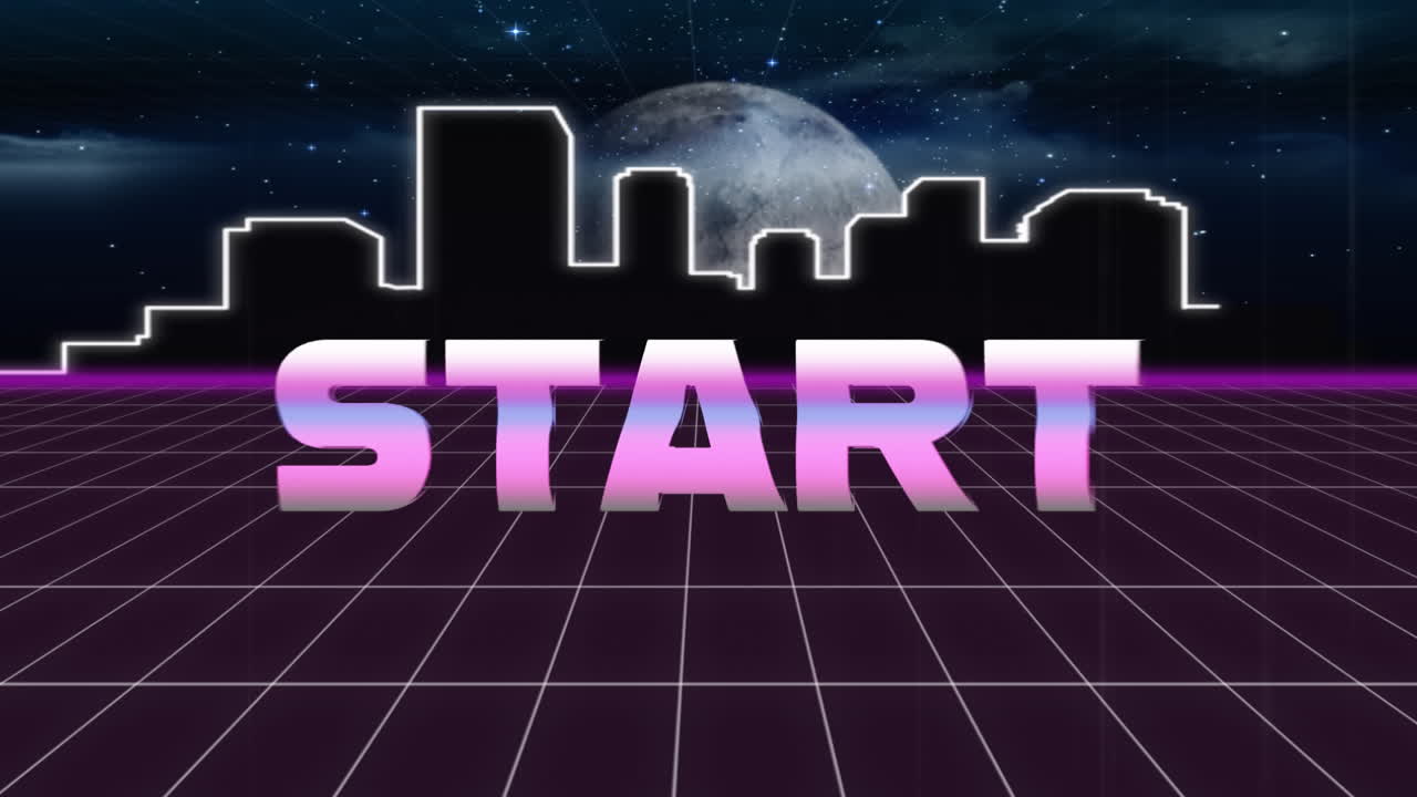 animación pantalla de videojuegos vintage con palabra metálica comienzo escrito