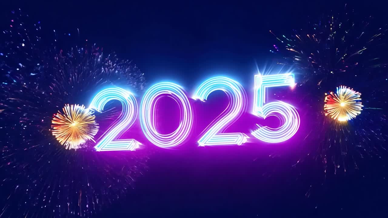 ¡feliz año nuevo 2025! fuegos artificiales y números de neón