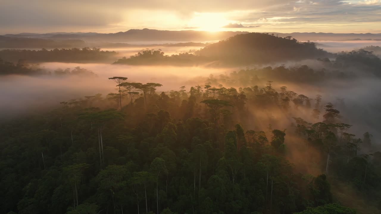 Video aereo di un'alba nebbiosa su una lussureggiante foresta pluviale, che mostra una serena bellezza naturale.