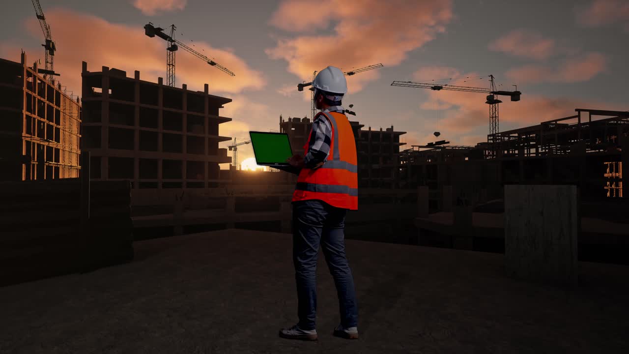 Full Body Back View Of Asian Male Engineer With Safety Helmet Working On A Green Screen Laptop And Looking Around While Standing At Building & Construction Site in Progress to New House