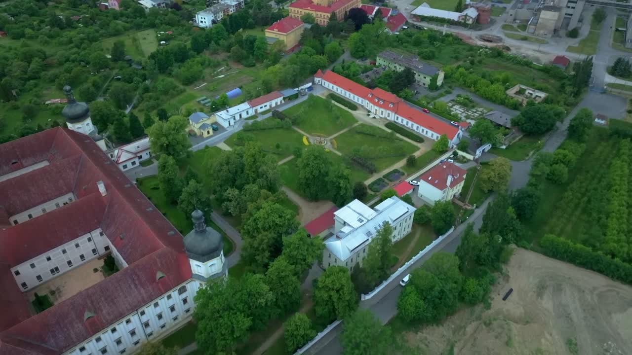 Aerial view of the symmetrical garden in the historic building of Klášterní Hradisko, a hospital in Olomouc