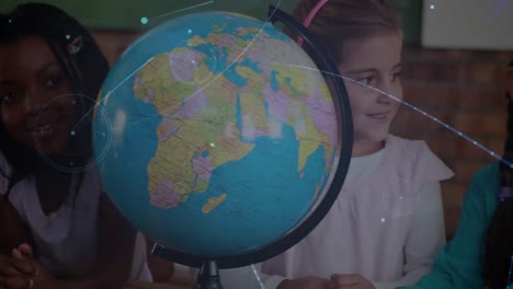 rede de conexões sobre estudantes diversos aprendendo geografia usando um globo na escola primária