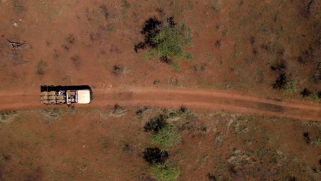 un drone ariel disparó a un vehículo de safari que conducía por un polvoriento y árido camino de tierra en un parque de safari africano que llevaba a los viajeros en busca de animales salvajes
