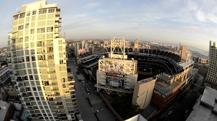Panning view of downtown San Diego above Petco Stadium in San Diego California