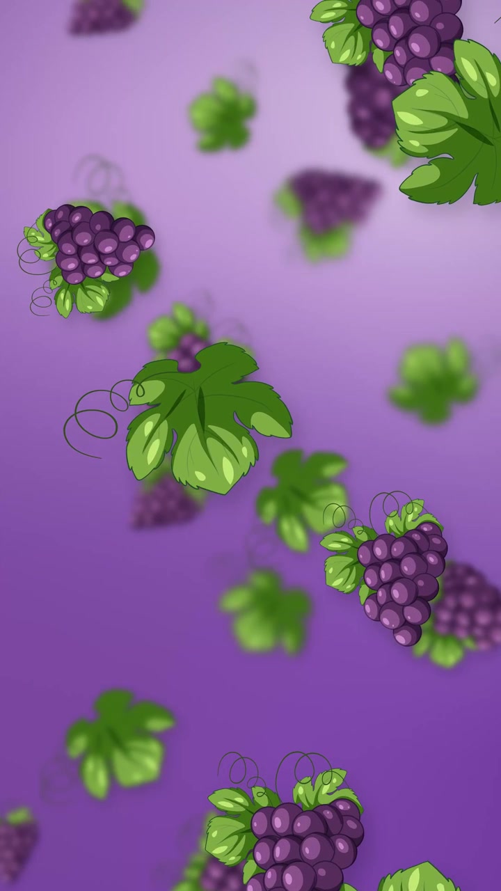 Grappoli d'uva viola stilizzati e foglie verdi cadono verticalmente su uno sfondo sfumato viola vibrante