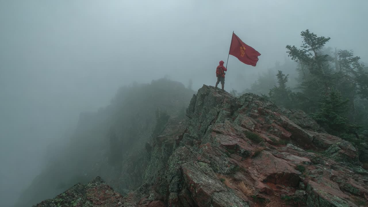 A Solemn Figure Standing on a Rocky Summit, Proudly Holding a Flag Amidst a Misty Landscape, Surrounded by Fog and Nature’s Majesty