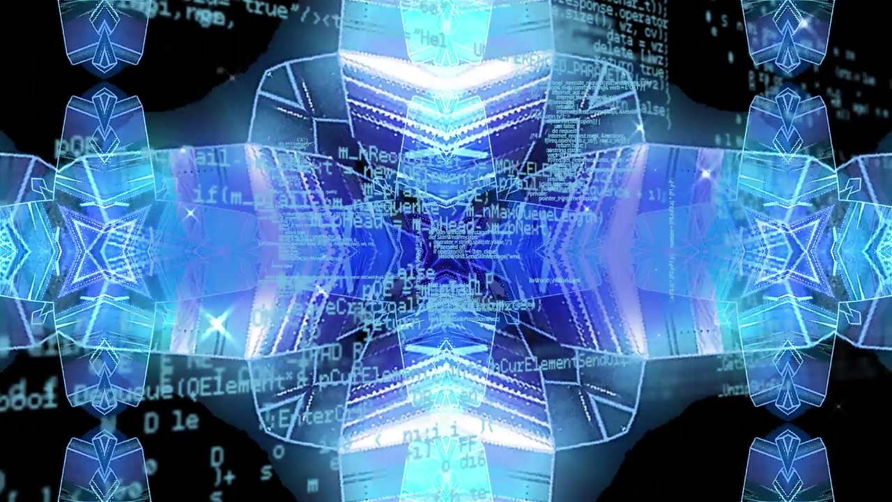 Animation of data processing over blue kaleidoscopic shapes