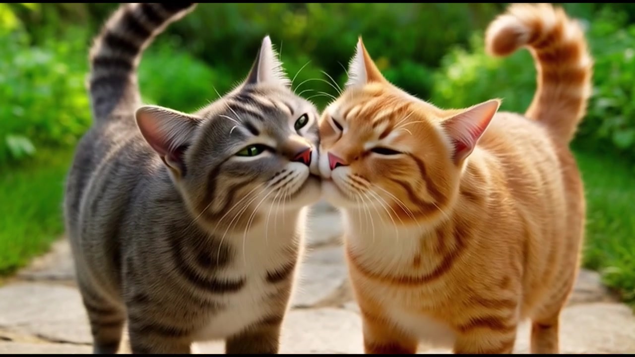 Due gatti che si salutano su un sentiero del giardino