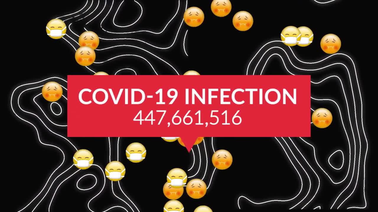 animación del procesamiento de datos de covid 19 con iconos emoji con máscaras faciales sobre fondo negro