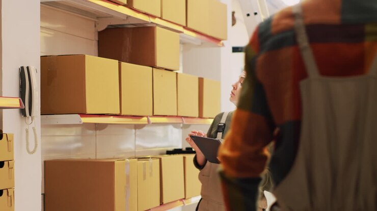 Woman working in warehouse with boxes and phone