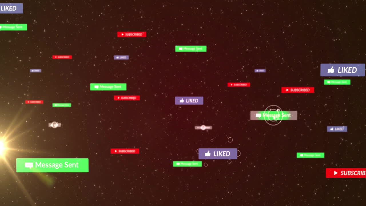 Social media notifications animation over starry night sky background