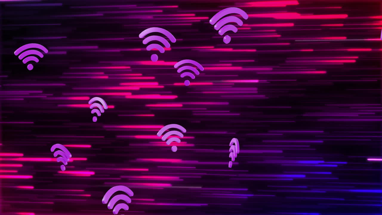 animación de iconos wifi sobre senderos de luz en fondo negro