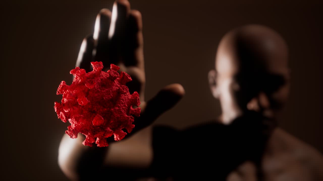 겁에 질린 남자가 코로나바이러스 코로나19 감염을 두려워해서 손짓을 멈 ⁇ 습니다.