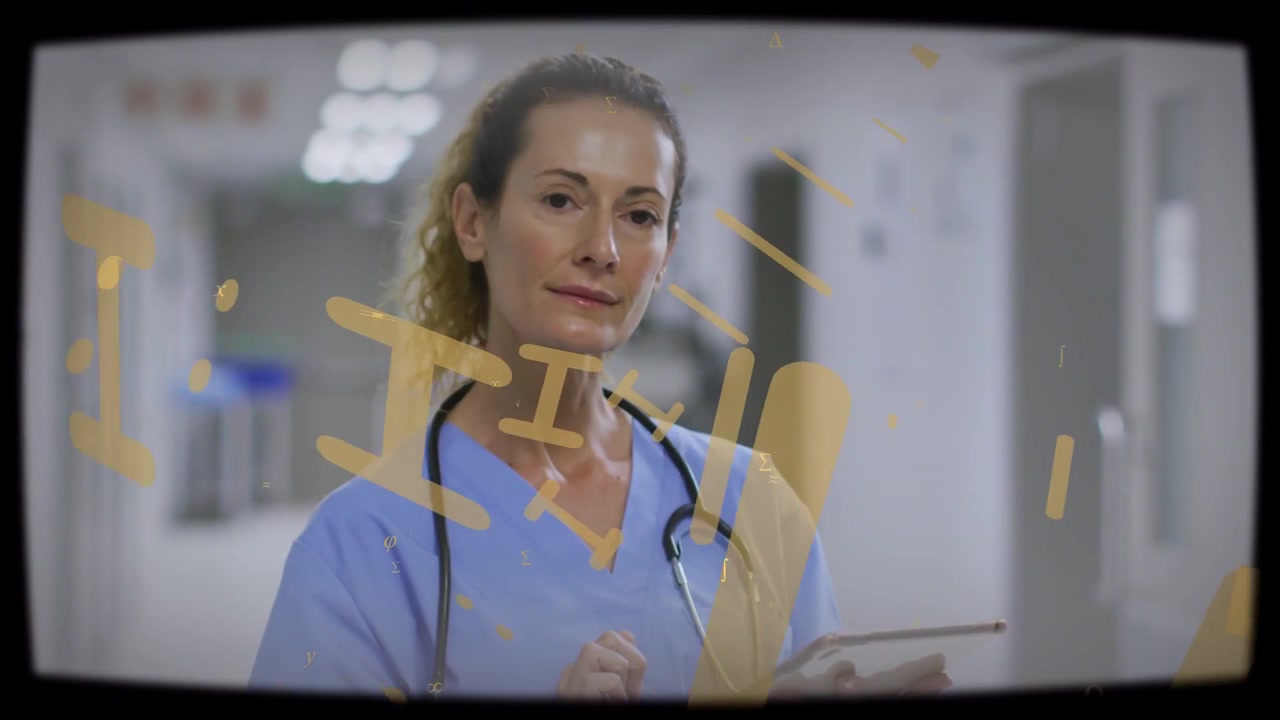 Medico donna che tocca un tablet, controllando una cartella clinica, con una sovrapposizione dorata fluttuante, nascondendole il viso, e che guarda in alto
