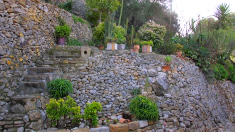 hermoso jardín paisajístico con adoquines y flores frescas