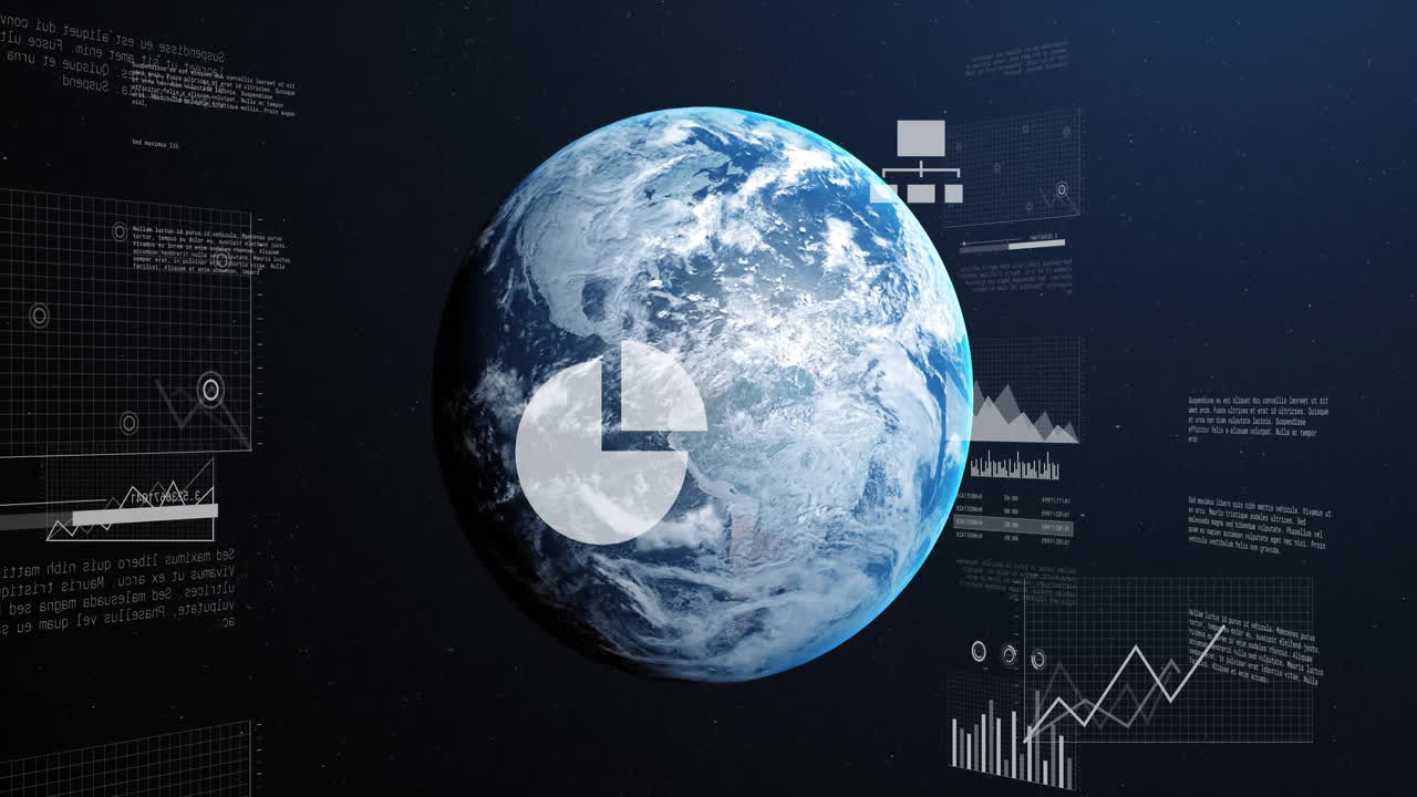 Earth with data charts and graphs animation over dark background