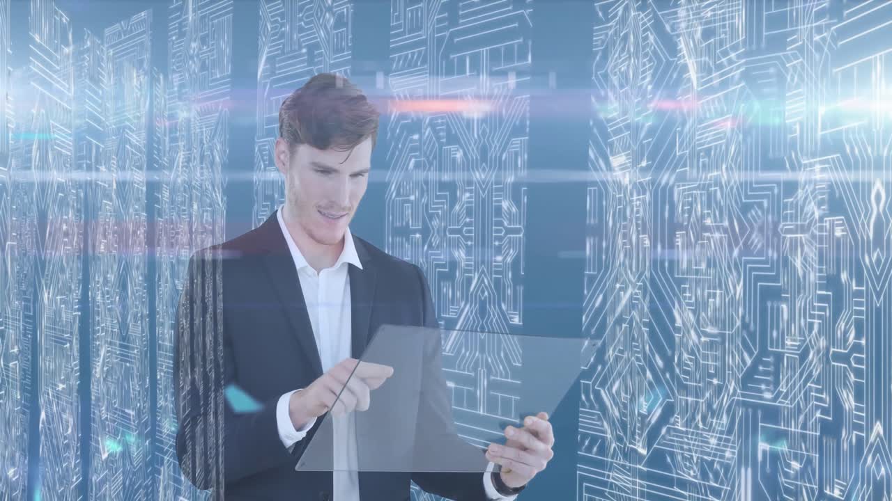 백인 사업가 가 서버 를 들고 스크린 을 만지고 있다