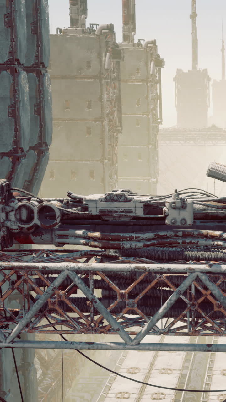 Industrial machinery on a platform in a dense urban setting