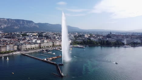 aerial flying backwards from jet d'eau fountain on sunny day, geneva pier