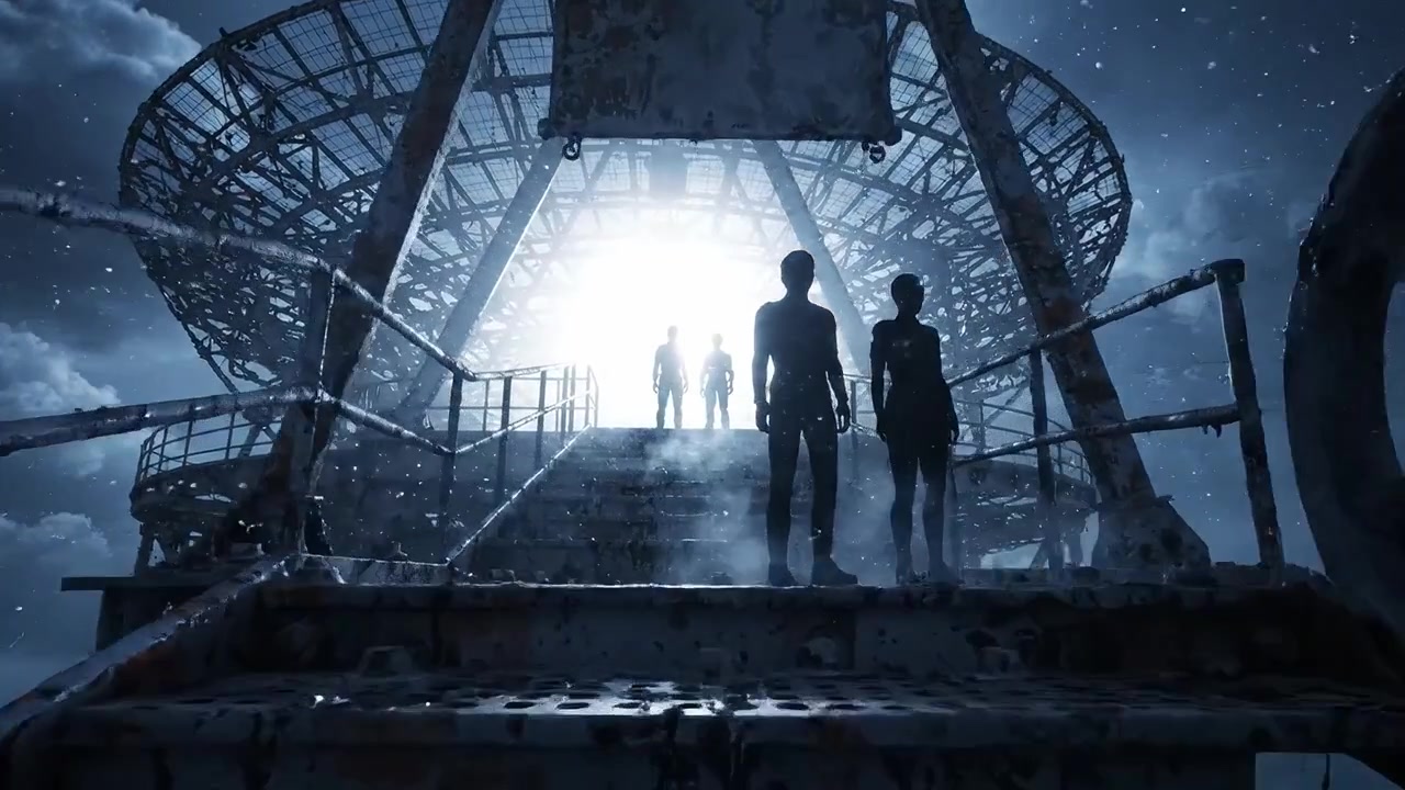 Figuras sombrías misteriosas ascienden por las escaleras de una antena satelital gigante bajo cielos oscuros y tormentosos, iluminadas por una luz misteriosa en la distancia.