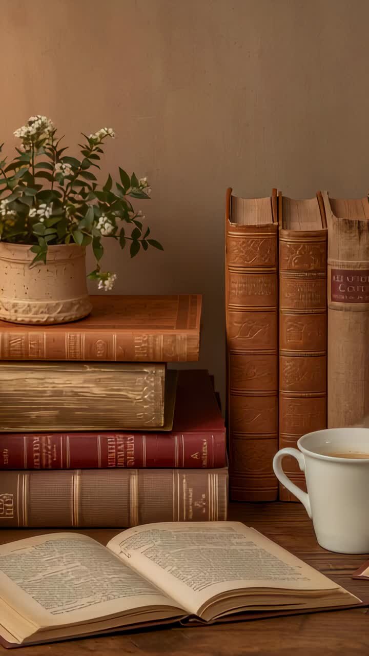 Video verticale: La telecamera in movimento cattura libri e un libro aperto su un tavolo per la lettura, con una pianta e una tazza.