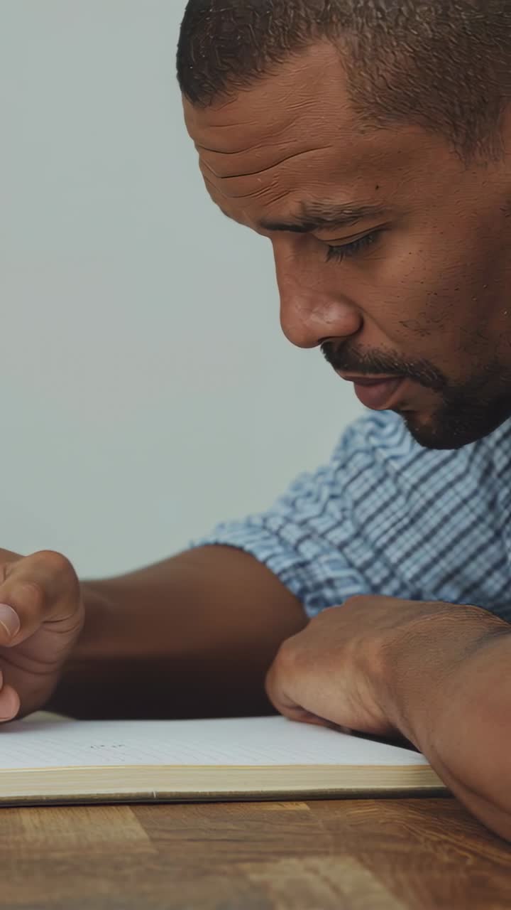Vertical video: Pen touching paper, man in blue shirt taking notes in notebook at table, copy space