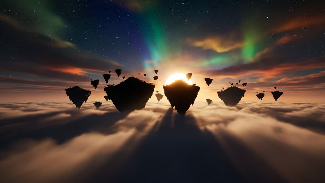 Floating Islands under Aurora Borealis