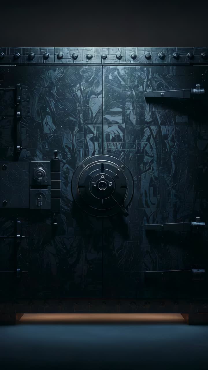 Vertical video: Opening vault door after warm glow appears, revealing shelves and wheel in vault