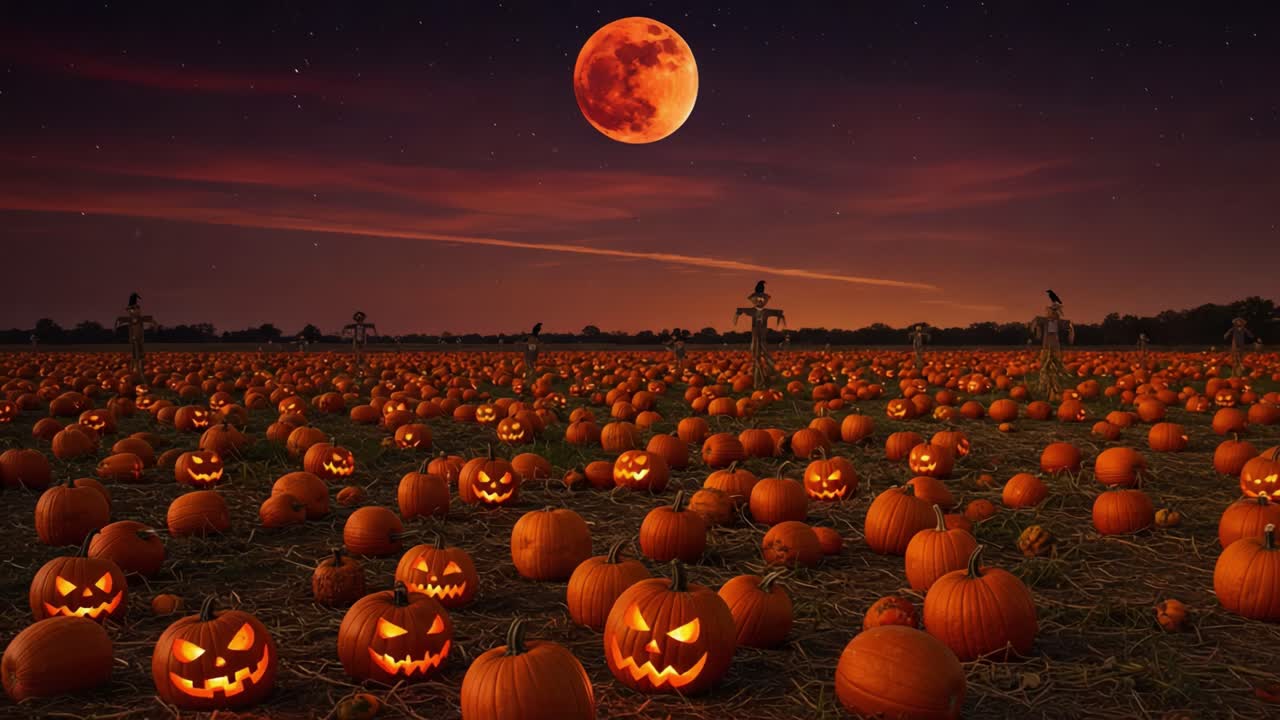 A Spooktacular Halloween Night: A Field Full of Glowing Jack-o'-Lanterns Under a Blood Moon with a Darkening Sky and Eerie Scarecrows Watching Over