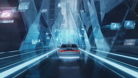 futuristic autonomous car driving through a neon digital city