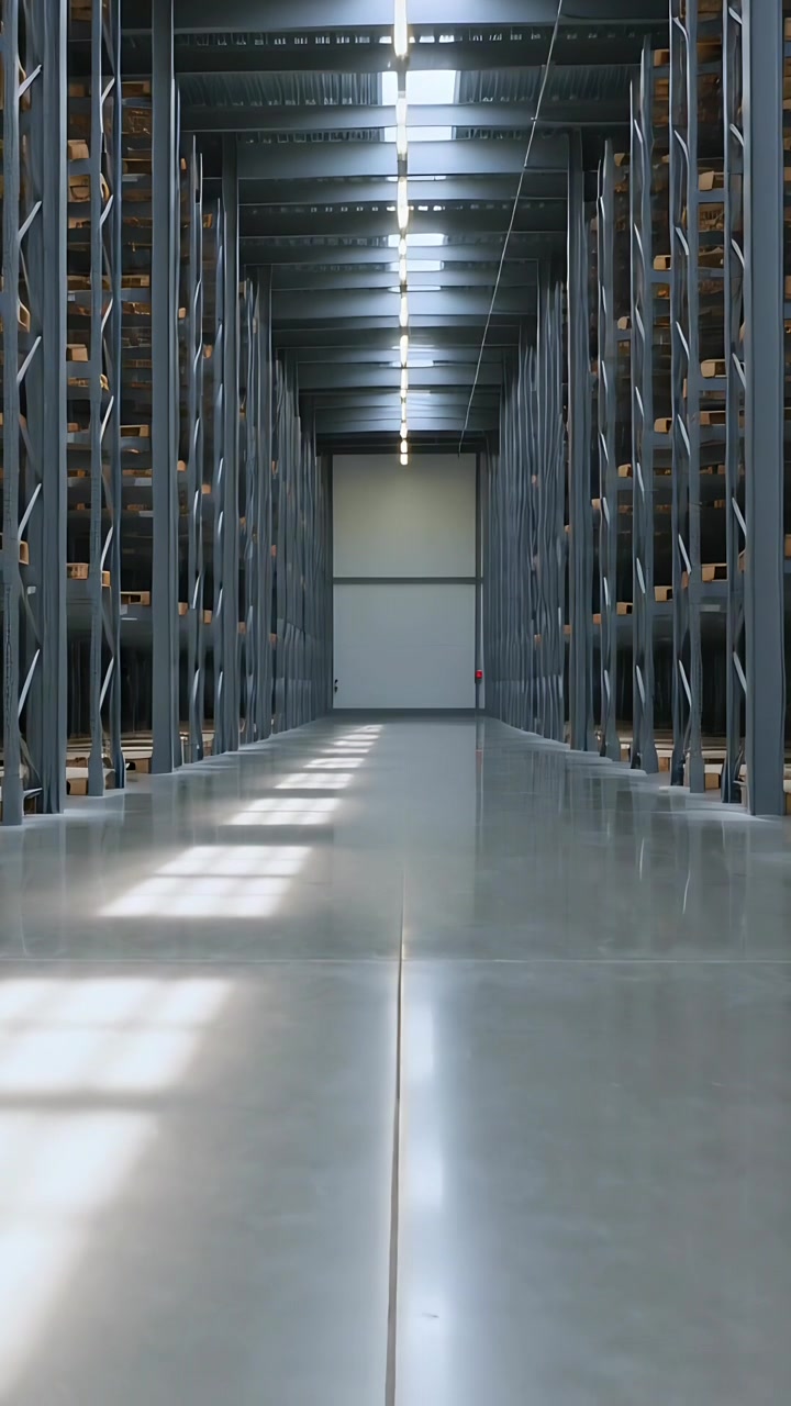 Verticale video: Camera beweegt vooruit door hoogbouwgang, toont rode brandblusser en palletstellingen.