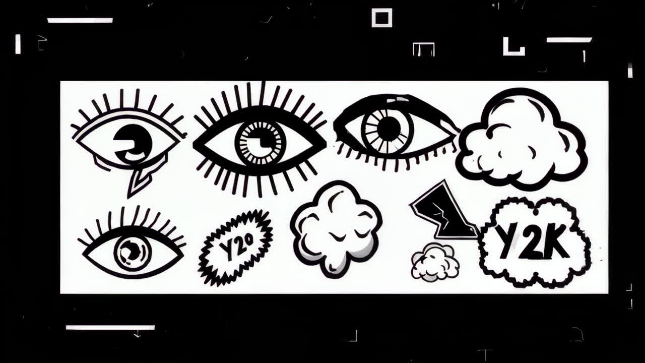 Y2K Aesthetic Doodle Art with Eyes, Clouds, and Abstract Symbols