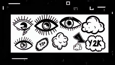 y2k aesthetic doodle art with eyes, clouds, and abstract symbols