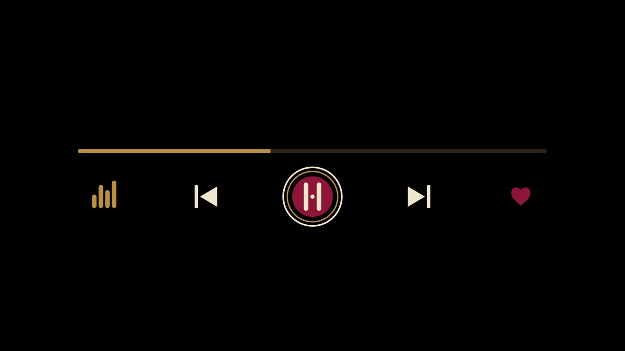 Animiertes Musik-Player-Widget mit goldenem Fortschrittsbalken neben Vinyl-Wiedergabetaste, Titelsteuerung und Herz-Symbol auf schwarzem Hintergrund. Retro-Audio-Interface.