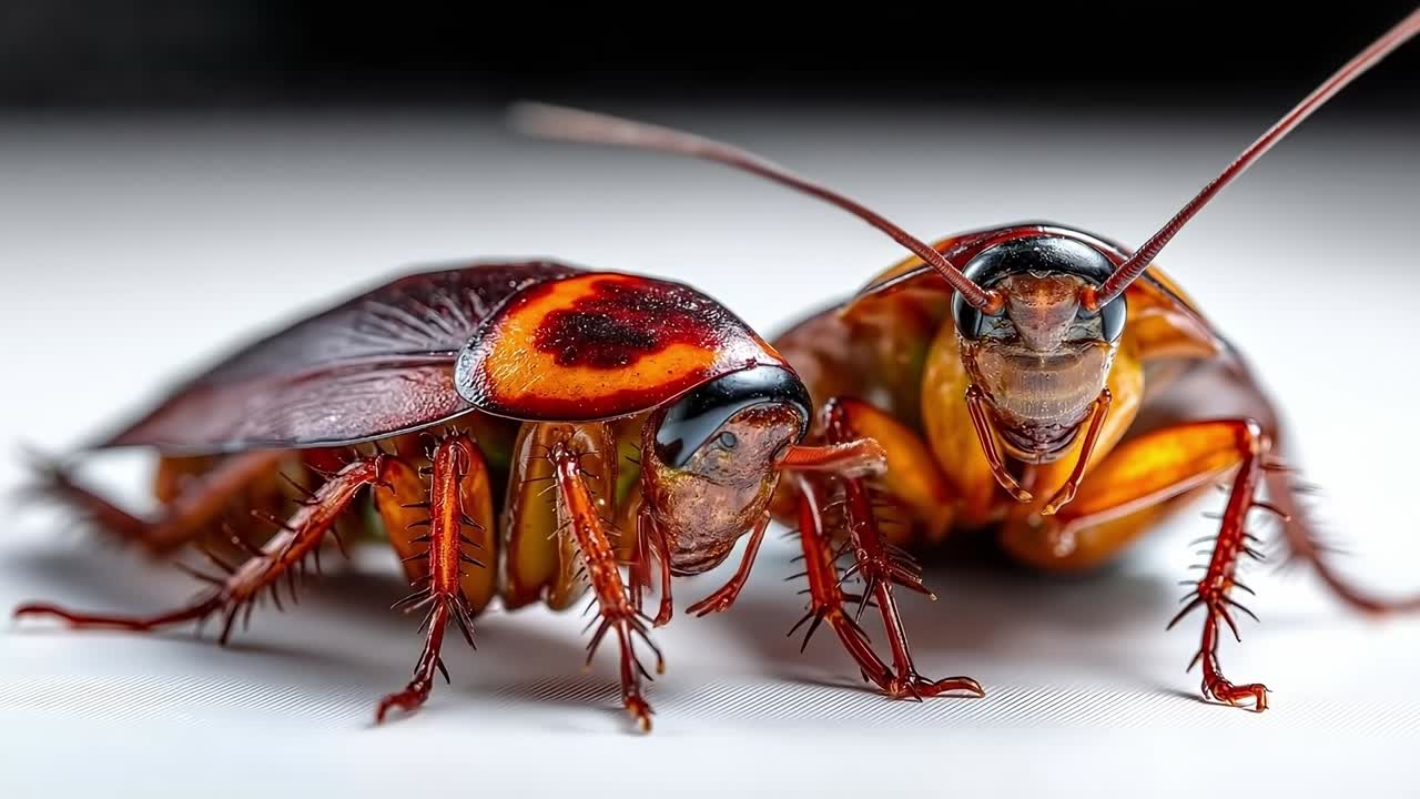 Two cockroaches on a white surface