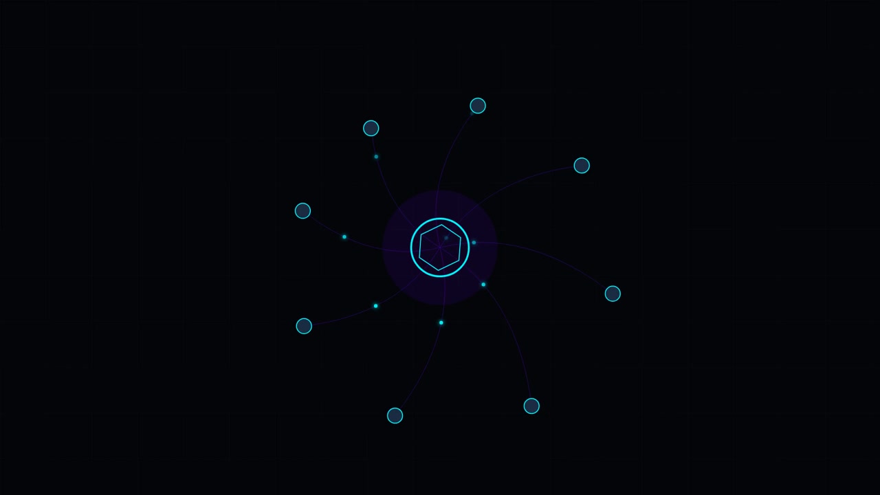 Abstract Digital Network Animation with Pulsing Hexagon Core