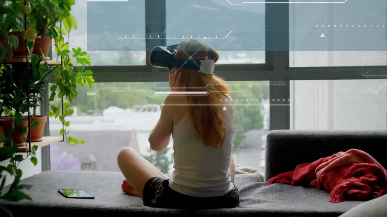 Animation of data processing with markers over woman using vr headset