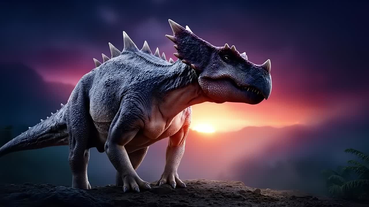 A dinosaur standing on top of a hill with a sunset in the background