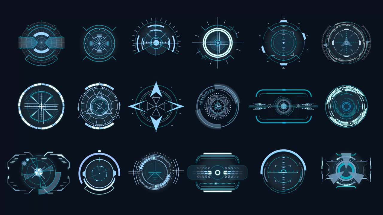 Mockup Futuristic optical aim. Military collimator sight, gun targets focus range indication. Gaming and hi-tech, cyberspace and gui design, electronic theme. HUD, GUI,UI technology future elements.