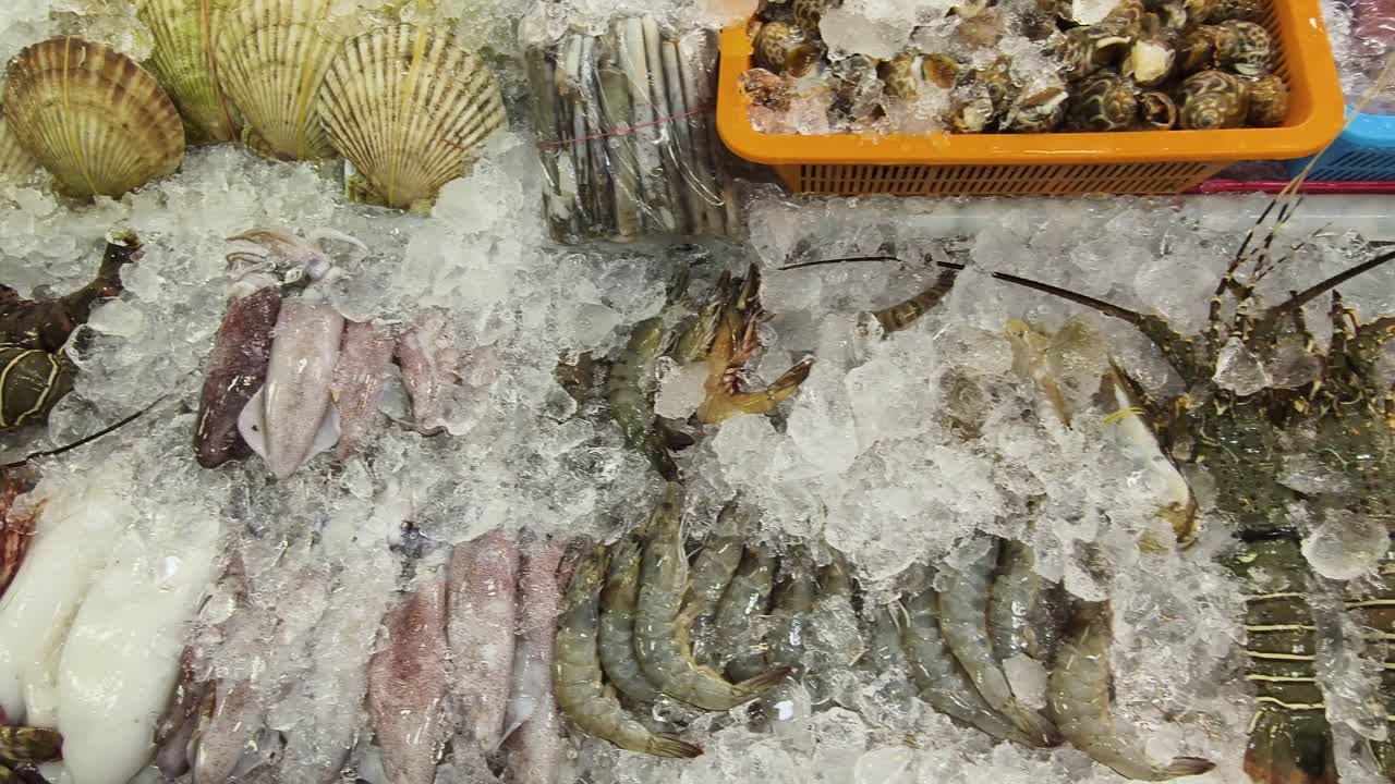 얼음 위의 신선한 해산물 전시