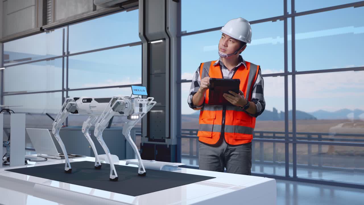 perro robot en un entorno de fábrica moderna con un ingeniero