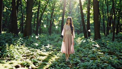 빛은 나무를 가로질러 필터링하여 핑크색 드레스를 입은 어린 소녀를 비추고 은 나비들이 그녀를 둘러싸고 날아다니는 푸른 숲을 고 있습니다.