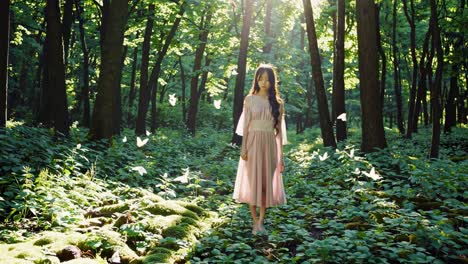 sunlight filters through trees illuminating a young girl in a pink dress walking in a lush green forest as white butterflies flutter around her