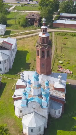 aerial view of a russian orthodox church and village