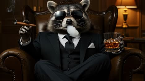 a refined raccoon, impeccably dressed in a tailored suit, savors whiskey and puffs on cigars while surrounded by opulence