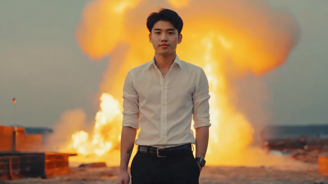 Confident man with explosion in background